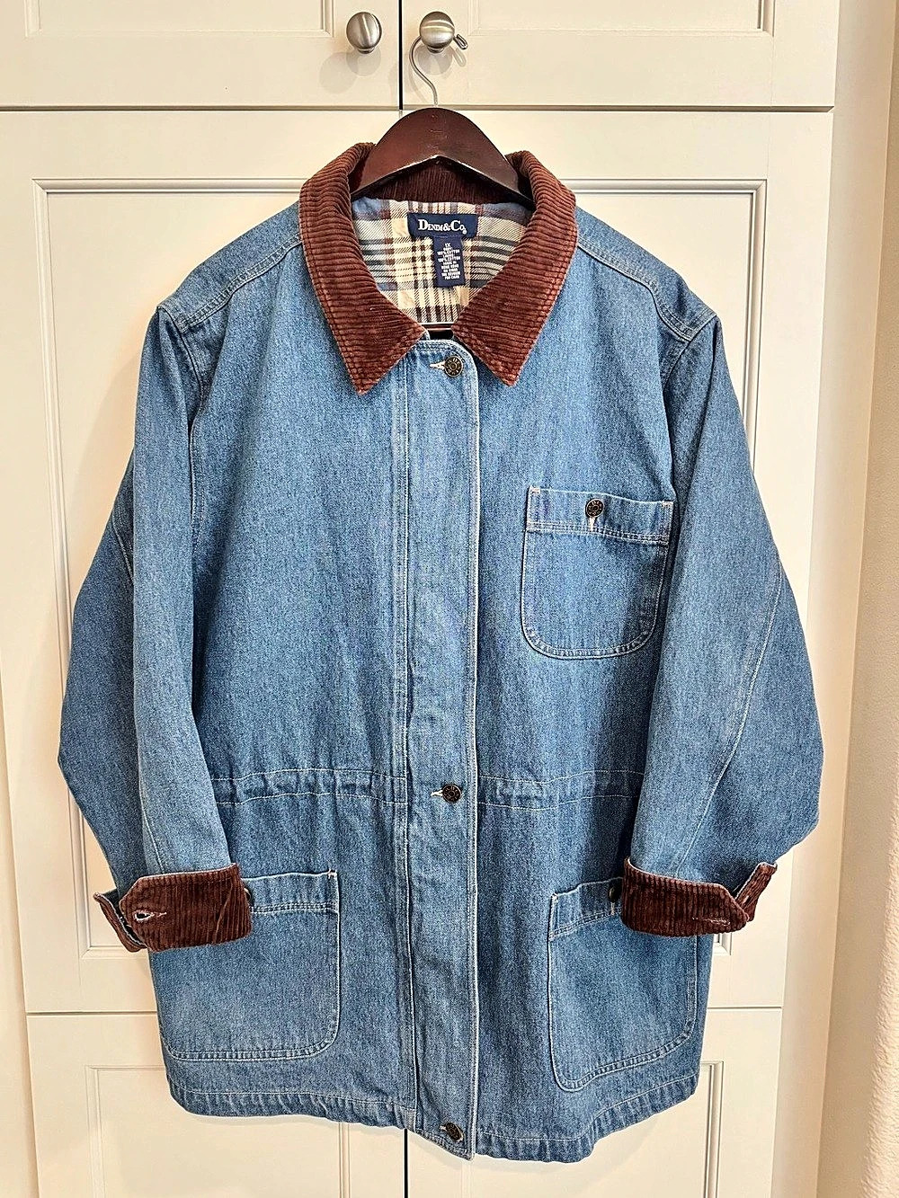 Vintage 90’s Denim Co. Plaid-Lined Denim Jacket Blue & Brown Like New